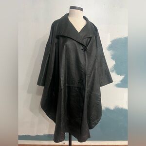Veranesi Black Women's Genuine Leather Cape Coat Plus Size